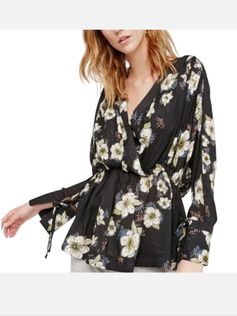 Free People Tuscan Dreams Tunic Top Floral Blouse Black Women's Size XS Boho